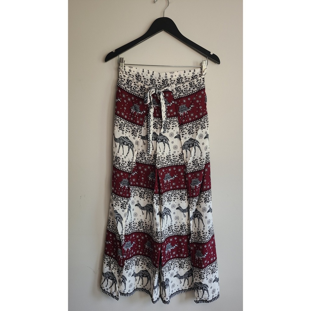Bohemian Camel Print Wrap Pants‎ Burgundy Cream Rayon Wide Leg Thai Trousers